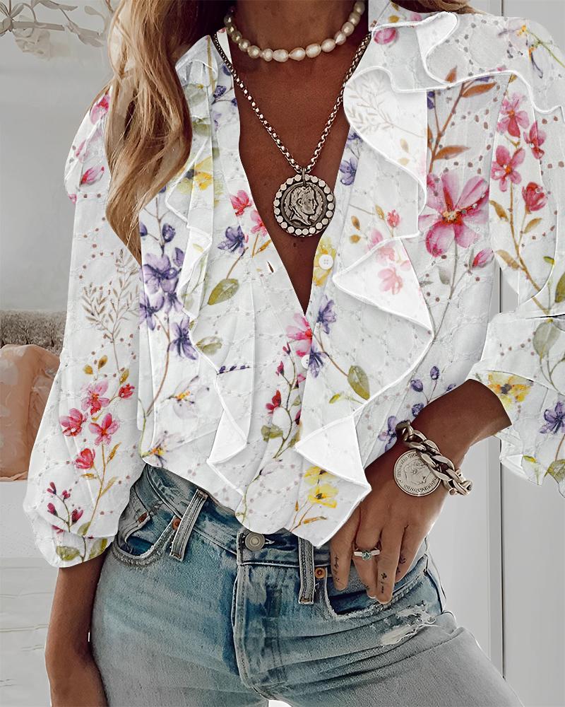 

Floral Print Plunge Eyelet Embroidery Blouse Ruffles Long Sleeve Button Design Casual Shirts, White