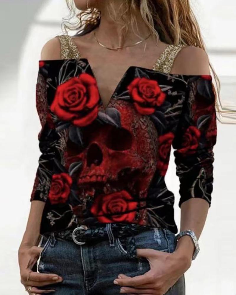 

Halloween Cold Shoulder Skull Floral Print Top, Red