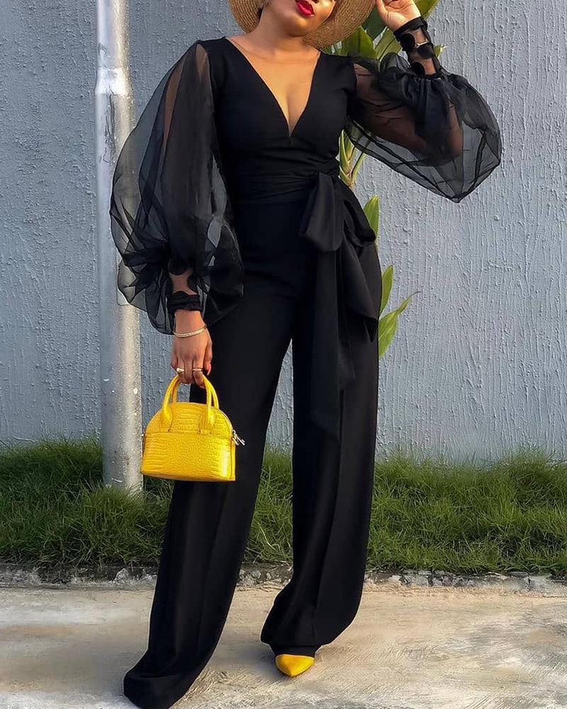

V Neck Lantern Sleeve Mesh Patch Jumpsuit With Belt, Black