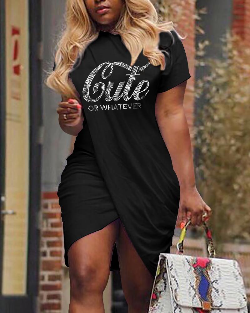 

Rhinestone Cute Or Whatever Pattern Overlap Casual Dress, Black