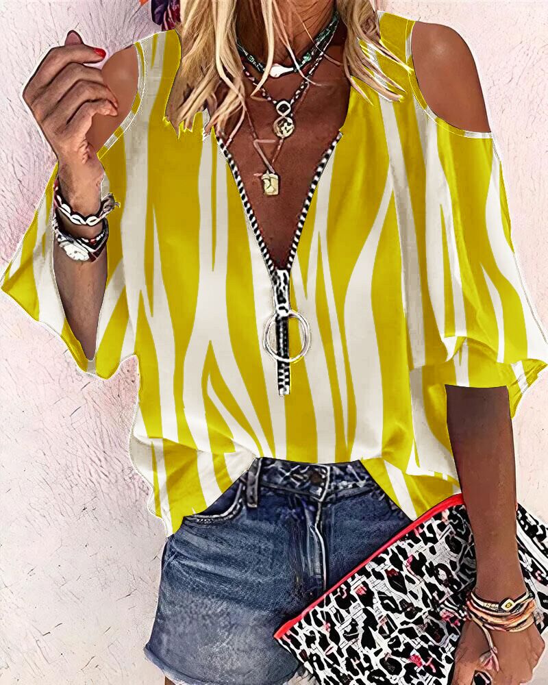 

Allover Print Zip Front Cold Shoulder Top, Yellow