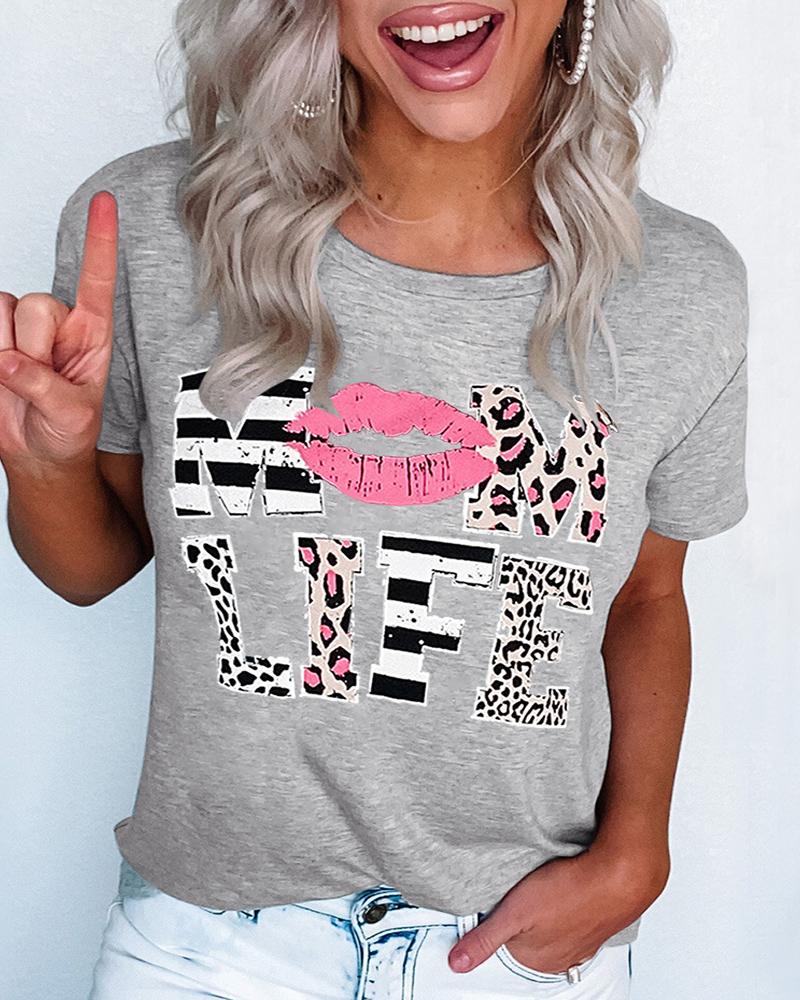 

Leopard Letter Lip Print Short Sleeve T-Shirt, Gray