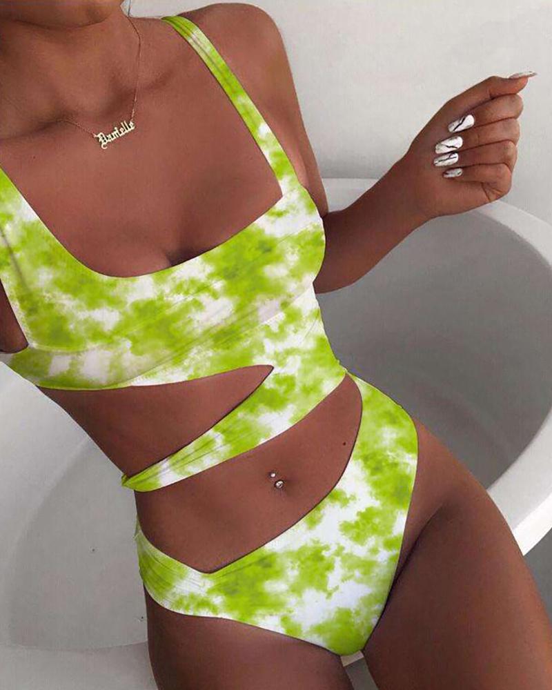 

Thin Strap Tie Dye Print Cutout Waist Padded One Piece Swimsuit, Green