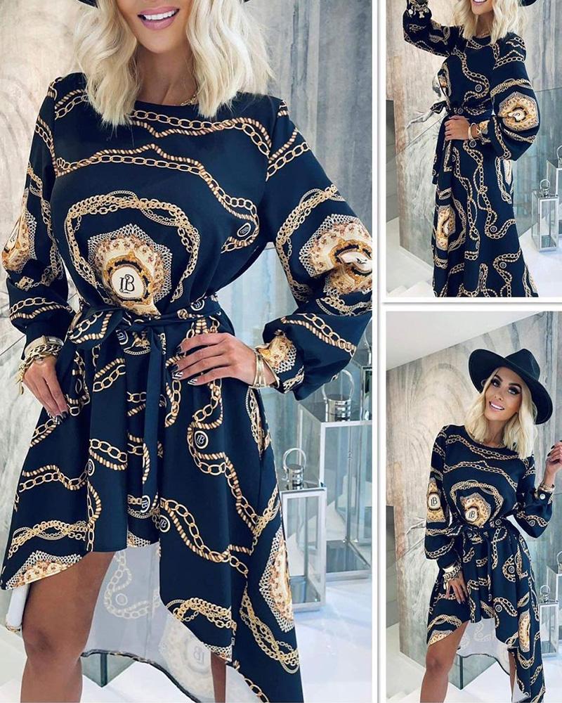 

Chain Print Lantern Sleeve Dress With Belt, Black