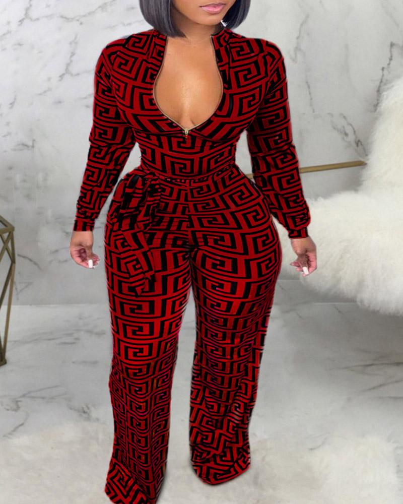 

Plus Size Geometric Print Zip Front Long Sleeve Jumpsuit, Wine red