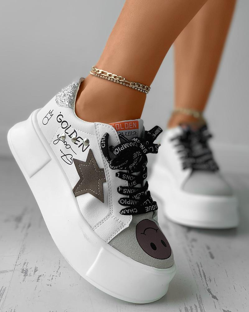 

Star Pattern Letter Lace-up Studded Decor Sneaker, Gray