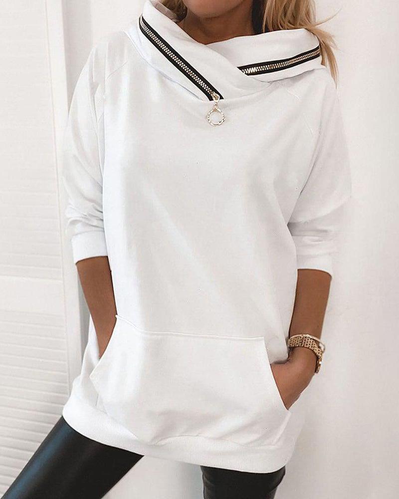 

Long Sleeve Zip Detail Casual Top, White