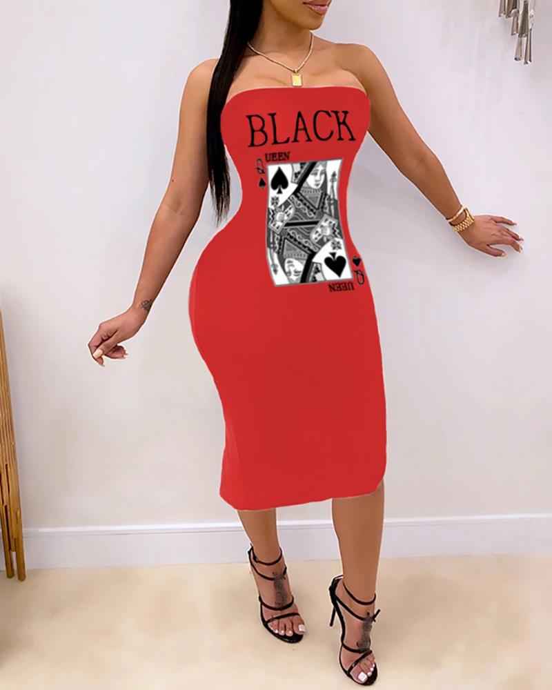 

Letter Poker Print Bandeau Slit Dress, Red