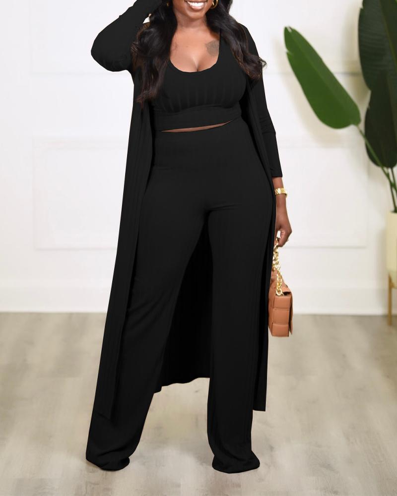 

3PCS Ribbed Tank Top & Pants Set With Longline Coat, Black