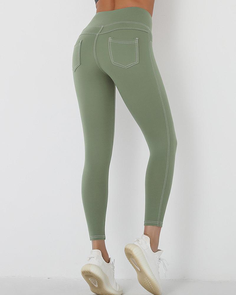 

Pocket Design High Waist Denim Print Active Pants, Green