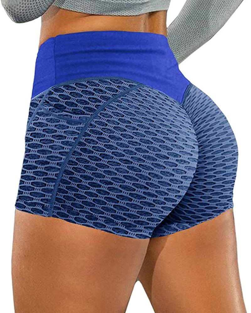 

Pocket Detail Textured High Waist Butt Lift Active Shorts, Blue