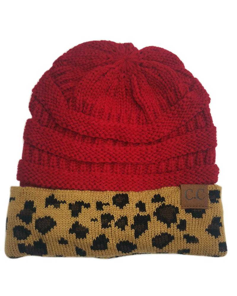 

Leopard Print Colorblock Winter Warm Knit Beanie Hat, Wine red