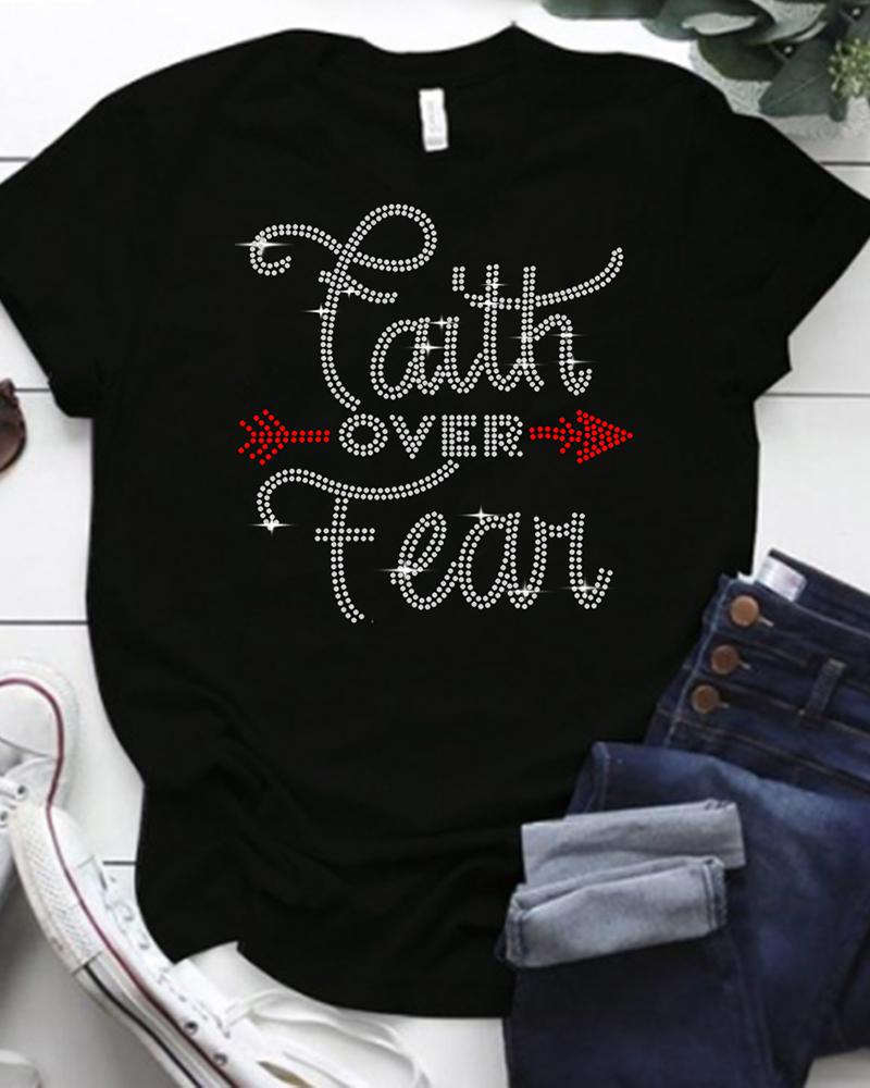 

Short Sleeve Rhinestone Arrow Letter Pattern T-shirt, Black