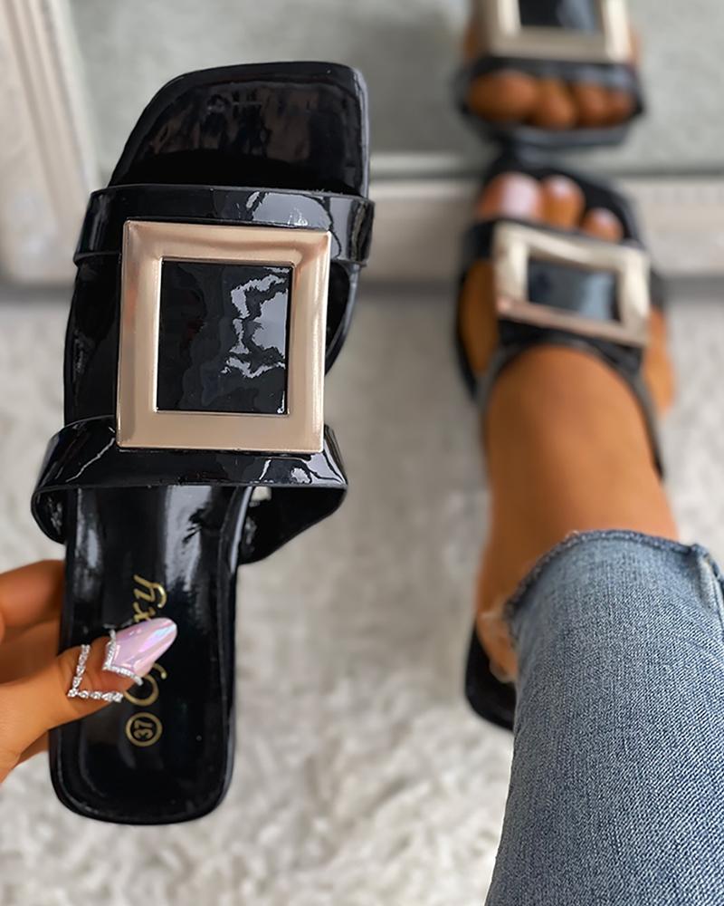 

Geo Metal Decor Square Toe Clear Chunky Heels, Black