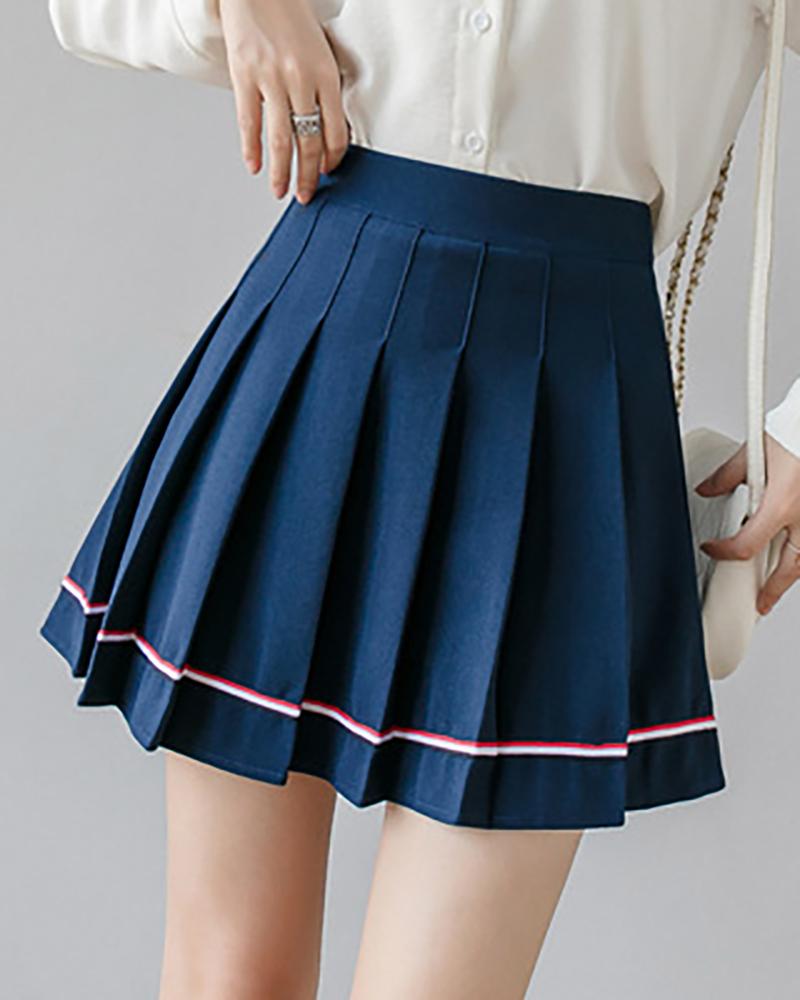 

Striped High Waist Pleated Skirt, Blue