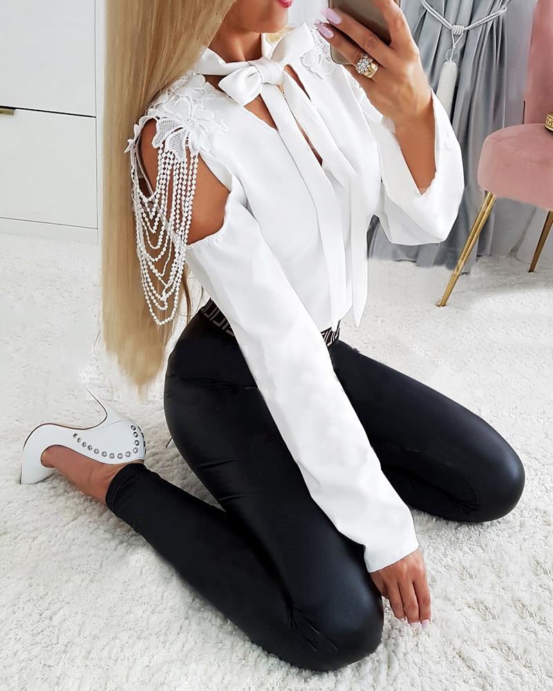 

Contrast Lace Tied Detail Cold Shoulder Top, White