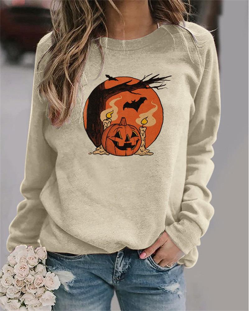 

Plus Size Halloween Graphic Print Long Sleeve Top, Khaki