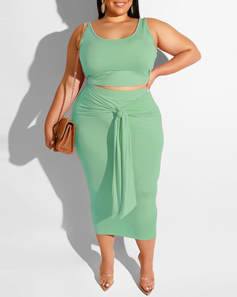 

Solid Thick Strap Top & Midi Skirt Set, Green