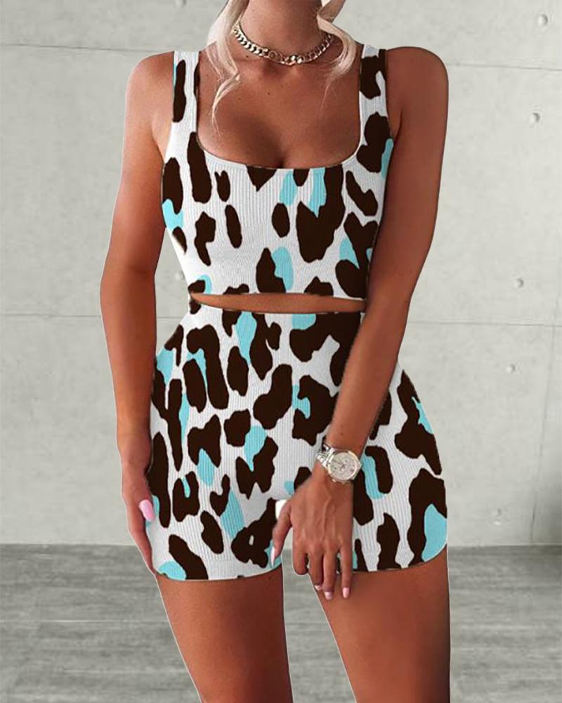 

Multicolor Leopard Print Sleeveless Skinny Cropped Tank With Short Pants Suit Sets, Style1