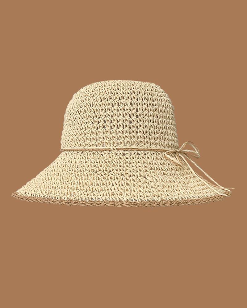 

Contrast Paneled Wide Brim Straw Hat, Beige