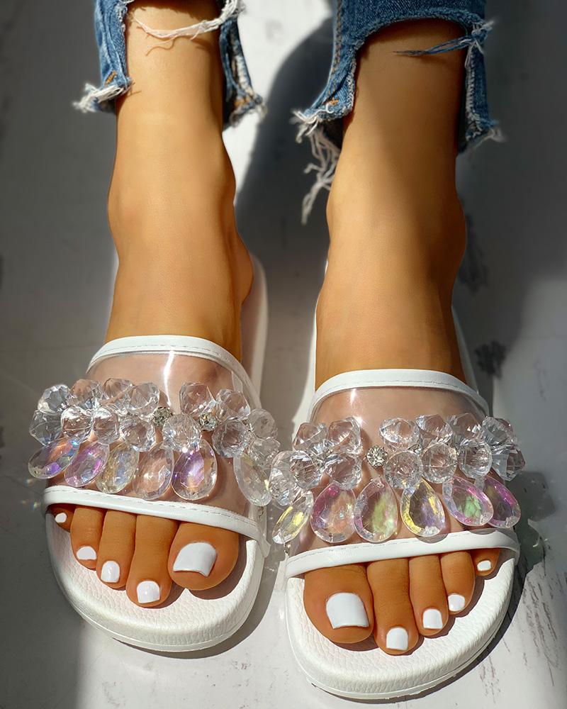 

Transparent Studded Design Flat Sandals, White