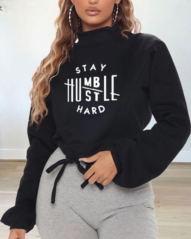 

Letter Print Drawstring Ruched Crop Sweatshirt, Black