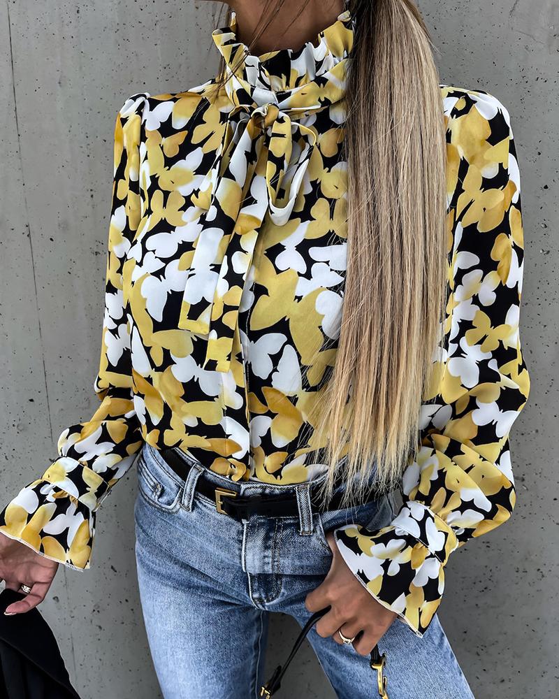 

Buttterfly Print Colorblock Long Sleeve Frill Hem Top, Yellow