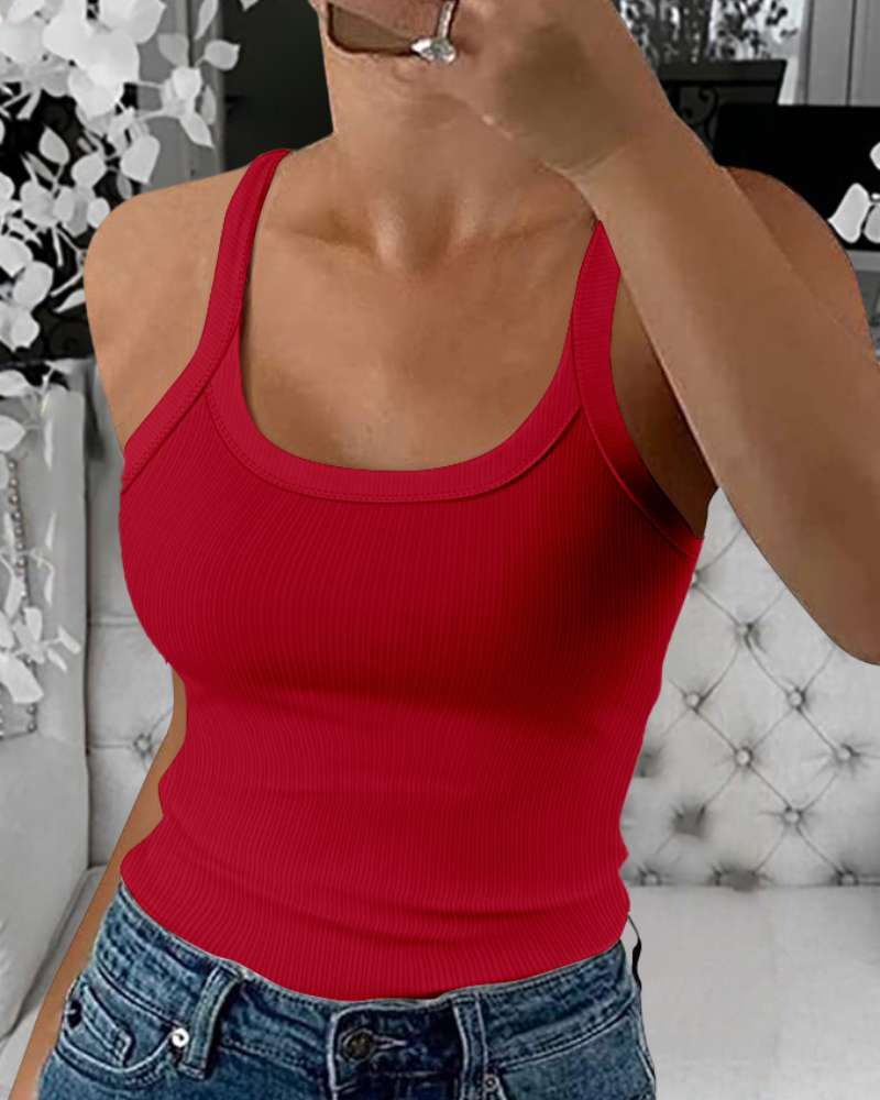 

Scoop Neck Spaghetti Strap Ribbed Top Casual Sleeveless Slim Fit Tank, Red