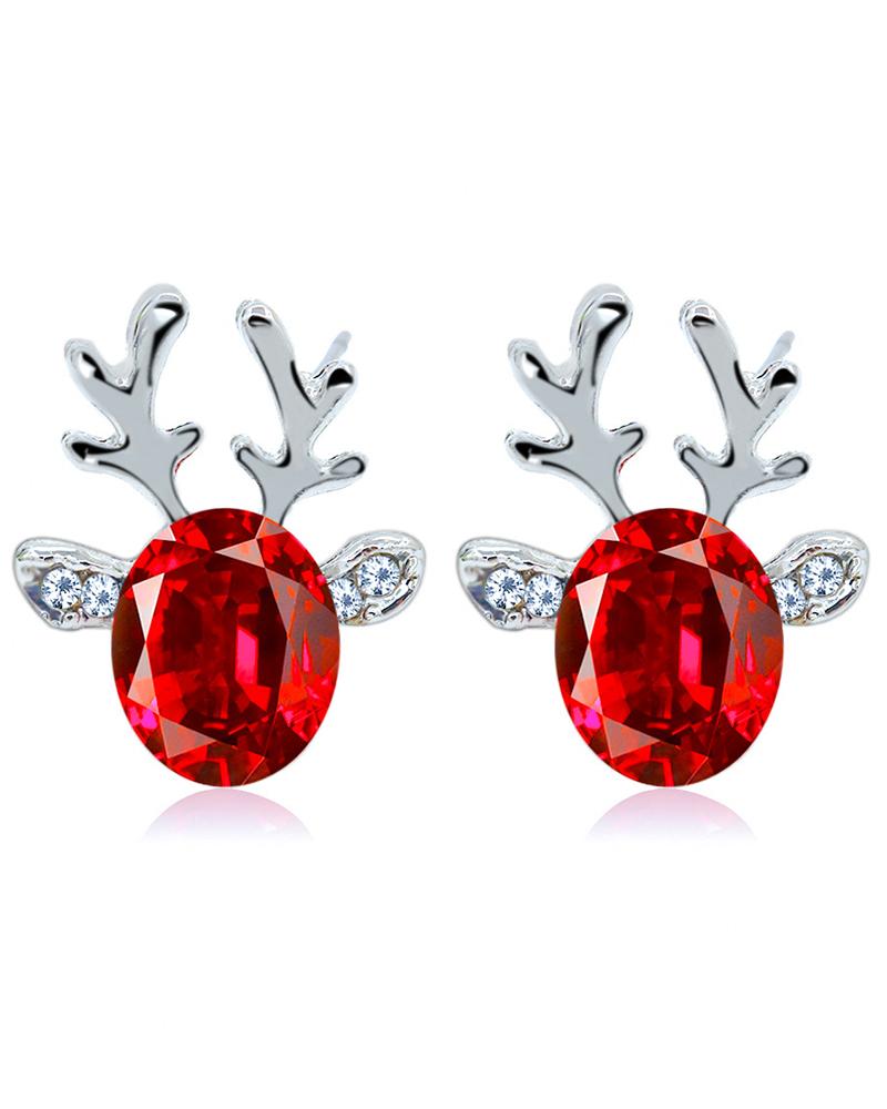 

1Pair Christmas Reindeer Shaped Gem Stone Earrings, Red