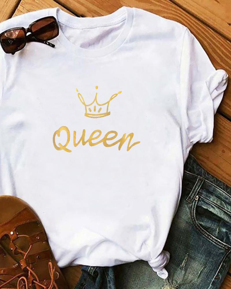 

Letter Print Short Sleeve Casual T-Shirt, White