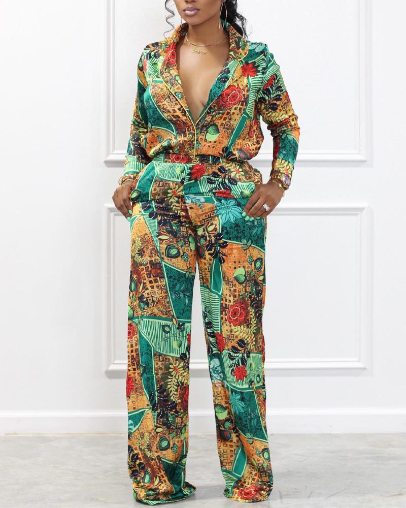 

Graphic Scarf Print Long Sleeve Top & Pants Set, Green