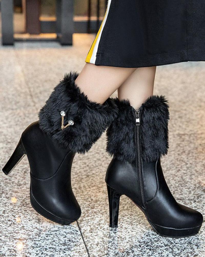 

V Pattern Fuzzy Detail Ankle Boots, Black