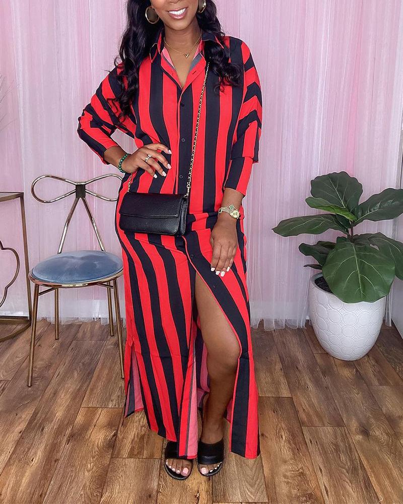 

Striped Turn-down Collar Buttoned Slit Shirt Dress, Red