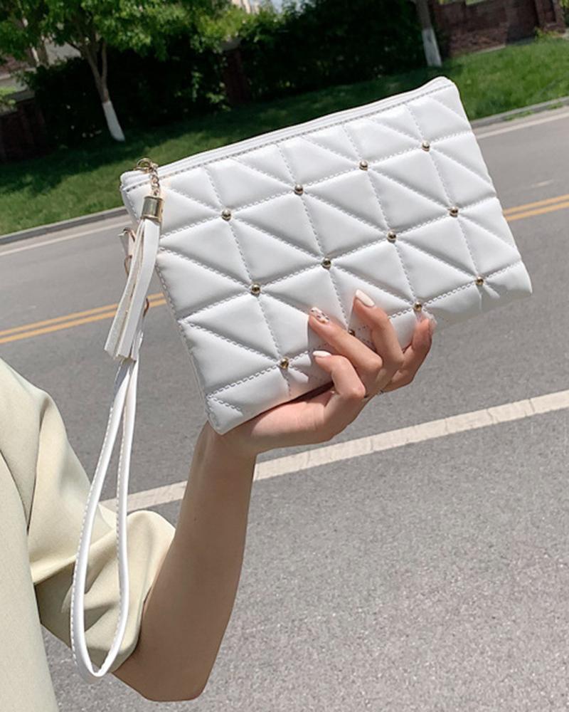 

Quilted Studded Zipper Summer Fashion Clutch, White