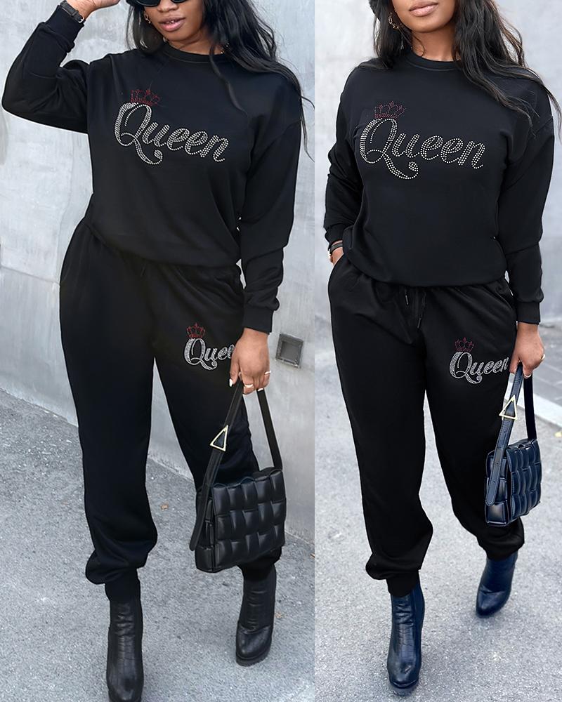 

Rhinestone Letter Pattern Sweatshirt & Pocket Design Pants Set, Black