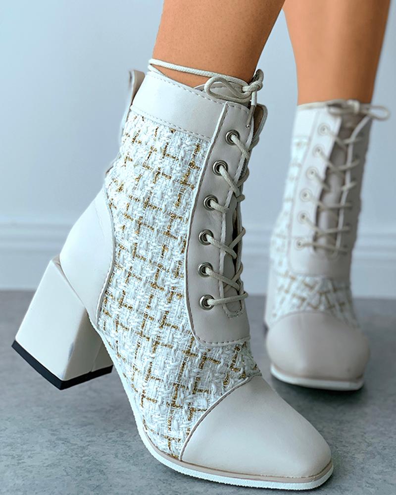 

Tweed Eyelet Lace-up Chunky Heeled Boots, Beige