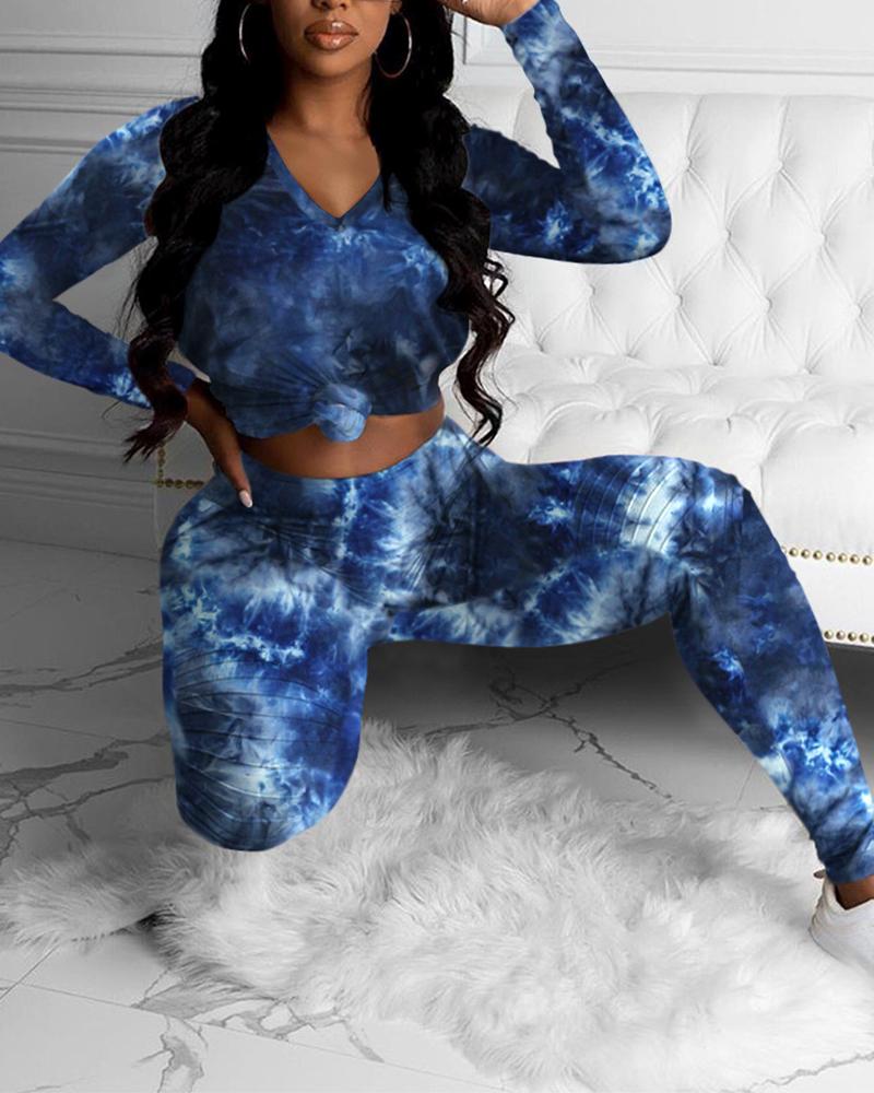 

Tie Dye V-Neck Top & Ruched Pants Set, Style1
