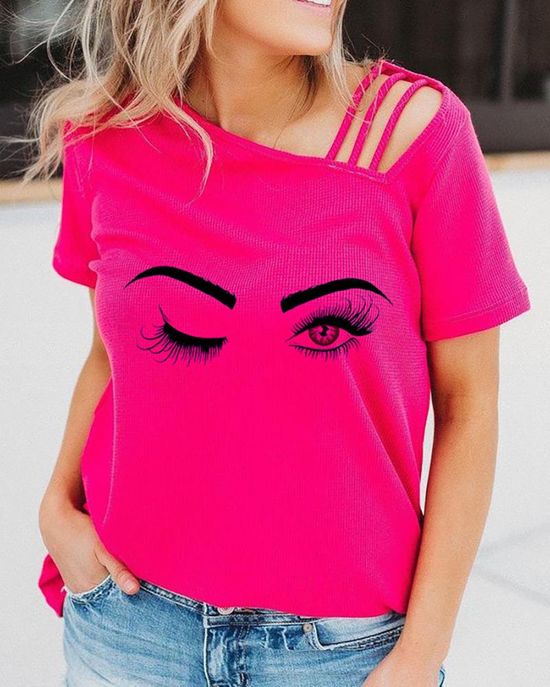 

Graphic Print One Shoulder Plain Casual T-Shirt, Hot pink