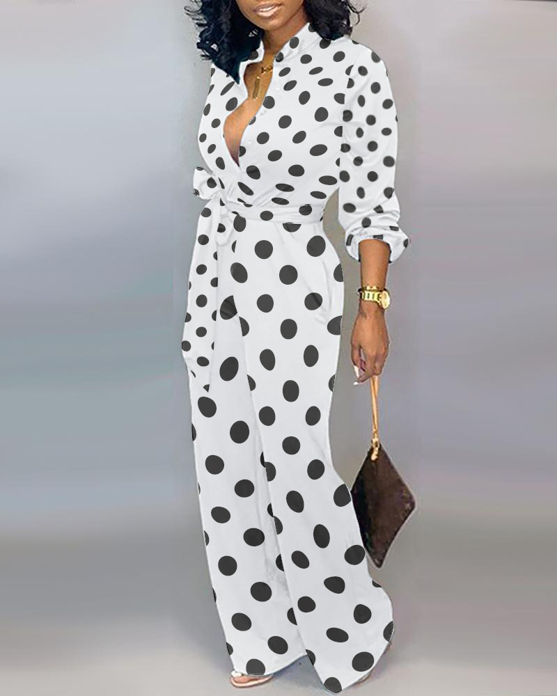 

Polkadot Print Long Sleeve Wide Leg Jumpsuit With Belt, White