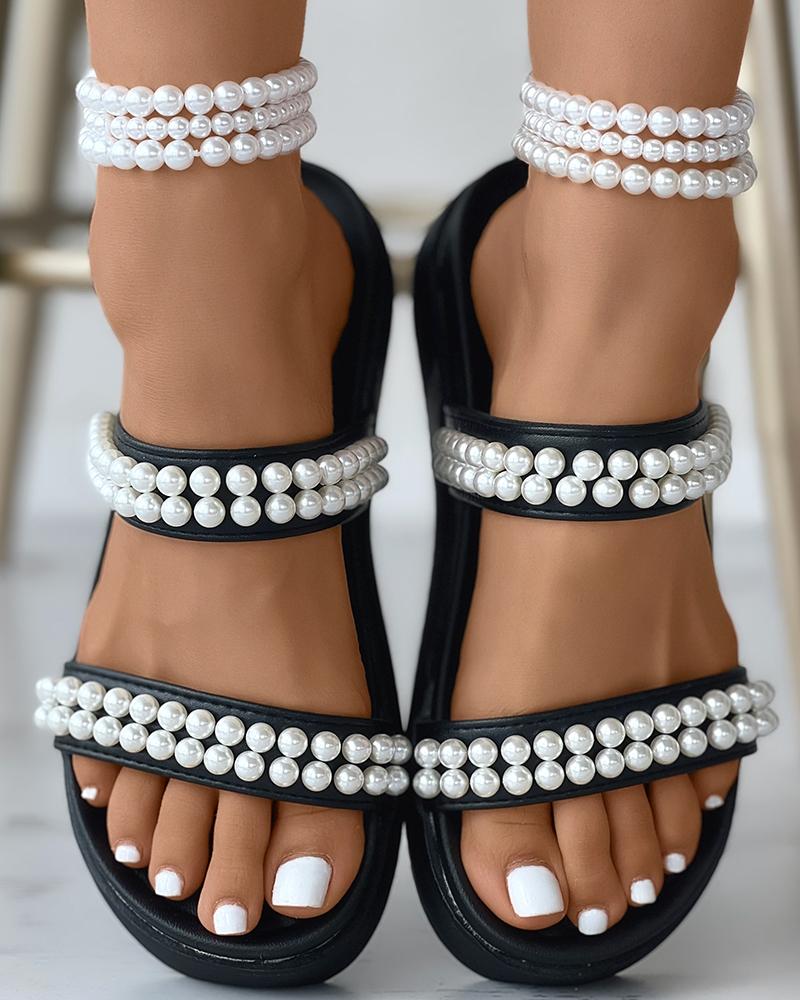 

Double Strap Beaded Muffin Slippers, Black