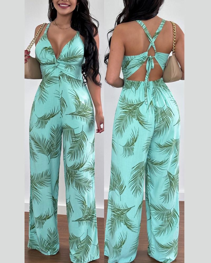 

Tropical Print Crisscross Backless Wide Leg Jumpsuit, Blue