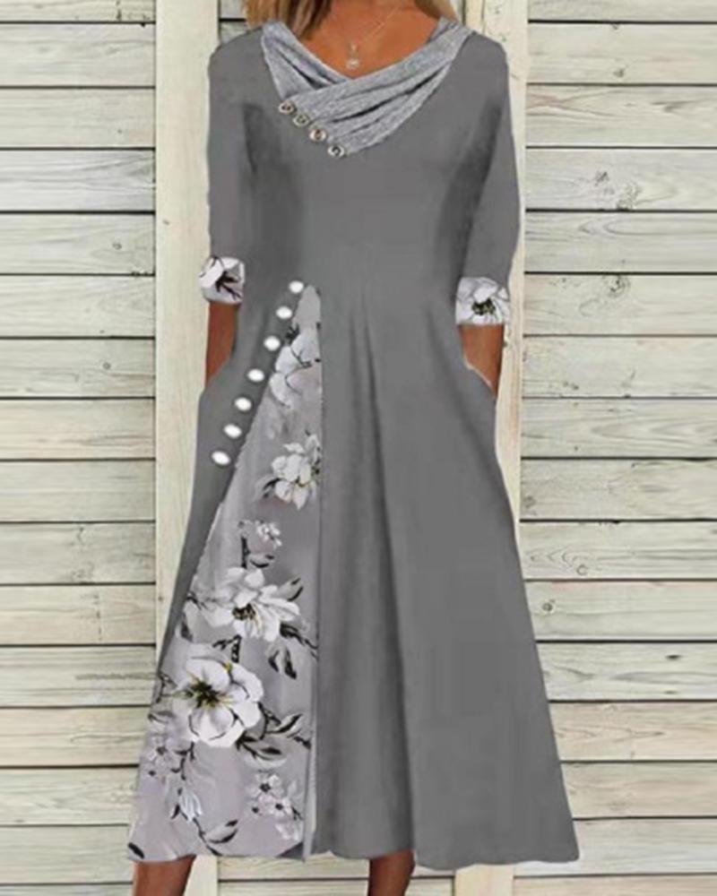 

Floral Print Patchwork Overlap Ruched Casual Dress, Gray