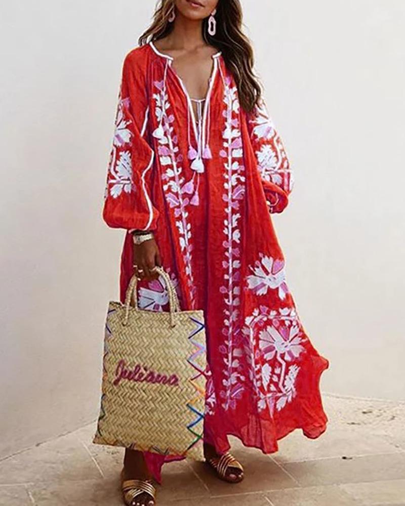 

V Neck Floral Print Long Sleeve Casual Dress, Red