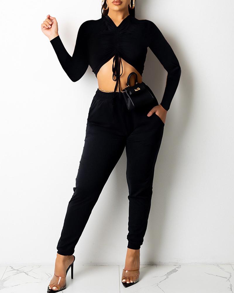 

Drawstring Ruched Crop Top & Pocket Pants Set, Black