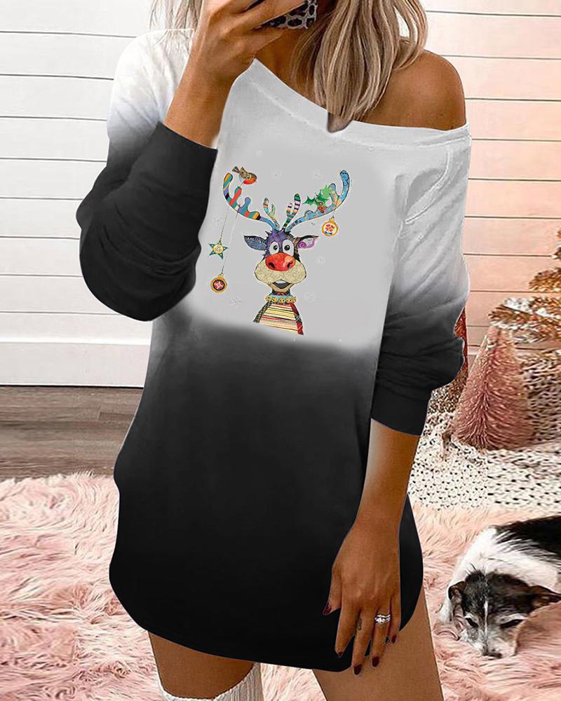 

Christmas Elk Print Colorblock Long Sleeve Top, Black