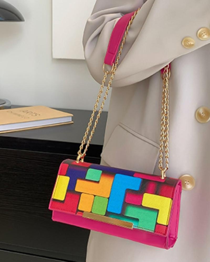 

Vintage Colorblock Flap Square Shoulder Bag, Pink