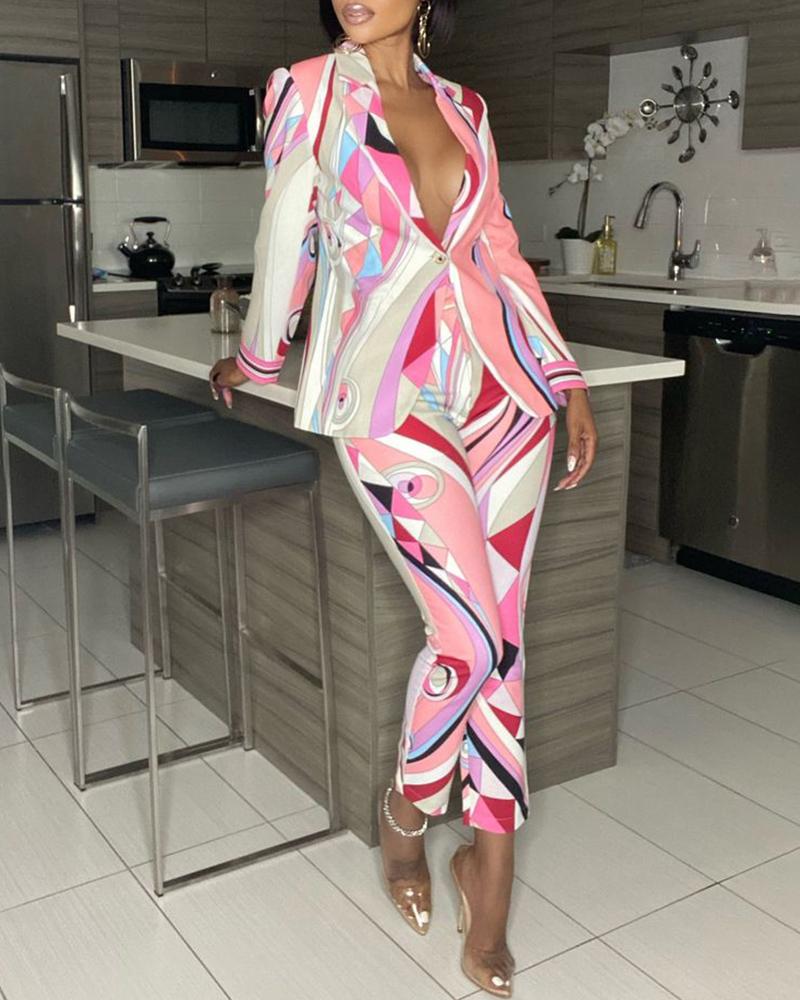 

Geo Pattern Print Long Sleeve Blazer Coat & Pants Set, Multicolor