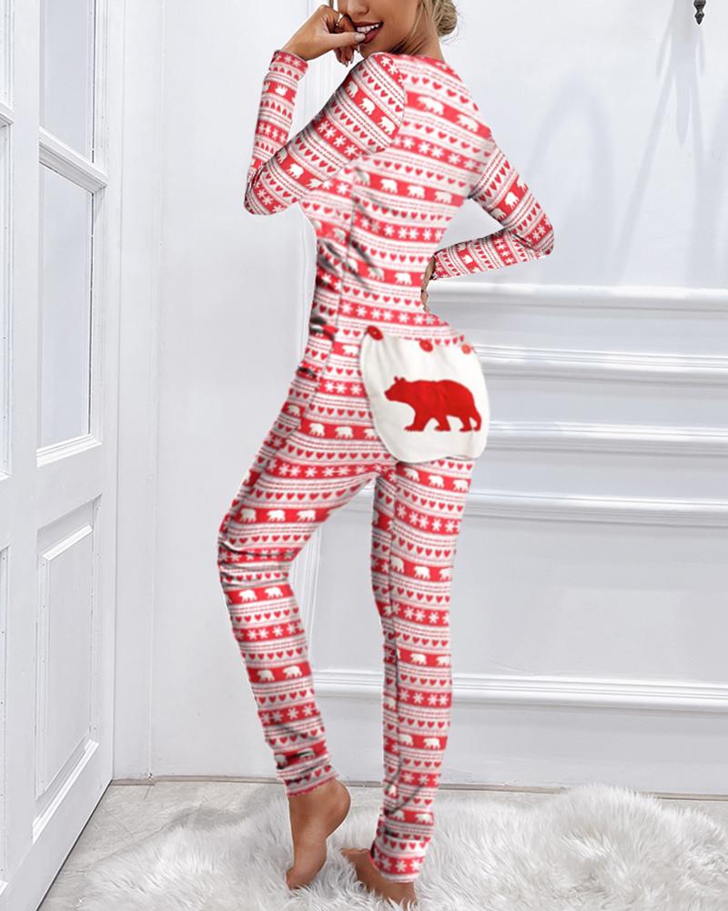 

Christmas Print Functional Buttoned Flap Adults Pajamas, Red