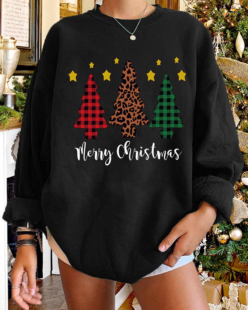 

Christmas Long Sleeve Letter Tree Cheetah Plaid Print Sweatshirt, Black