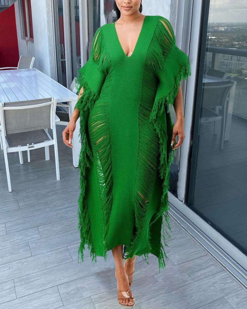 

Plain Tassel Trim Ripped Casual Dress, Green